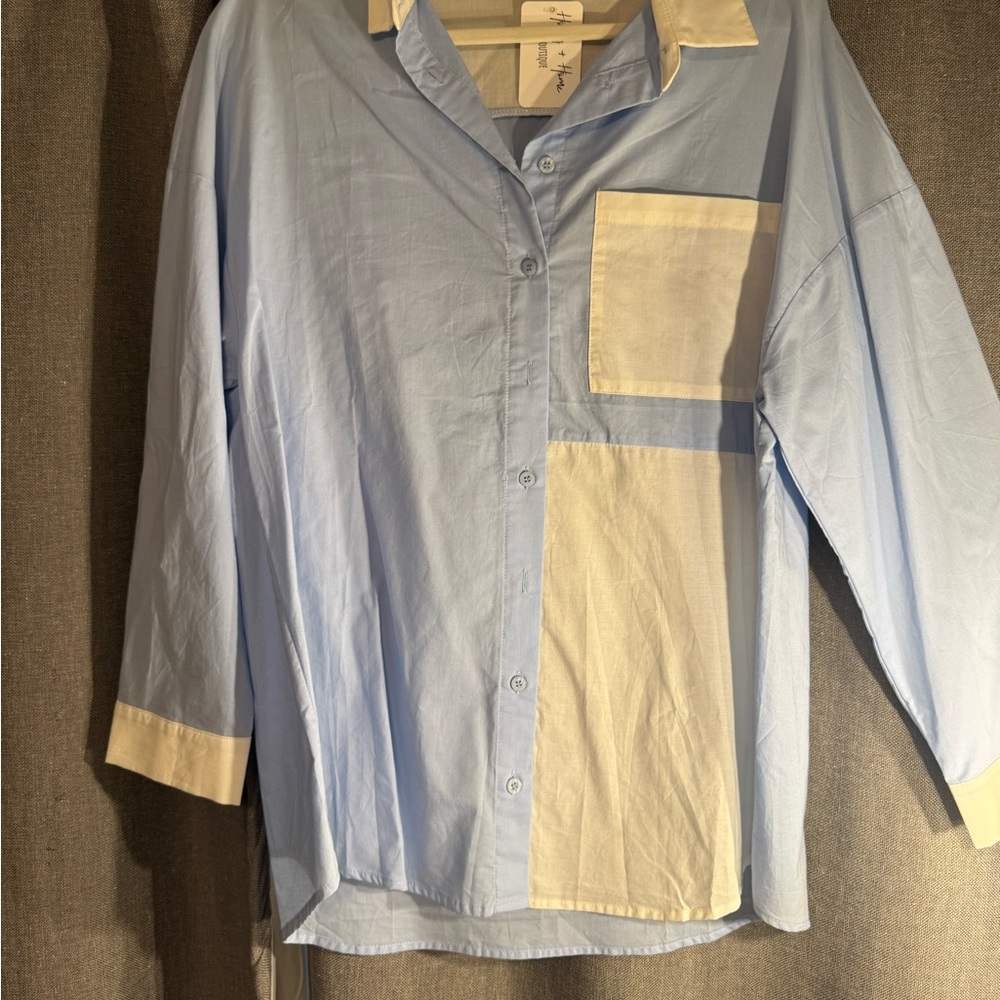 Women’s Blue and White Button Up Shirt